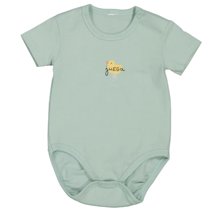 Light green baby onesie with a small yellow duck design that says 'play' in Spanish.