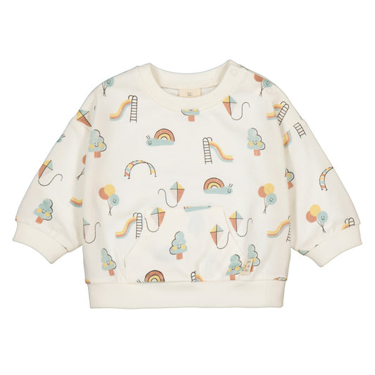 baby sweatshirt with colorful playground and rainbow pattern on a white background