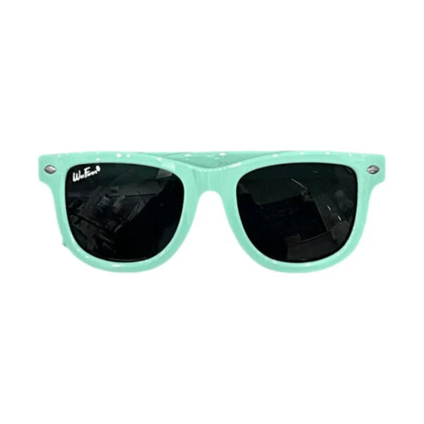 Turquoise green sunglasses with black lenses on a white background