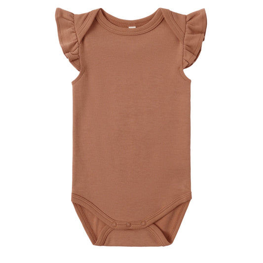 Brick Red baby onesie with ruffled sleeves
