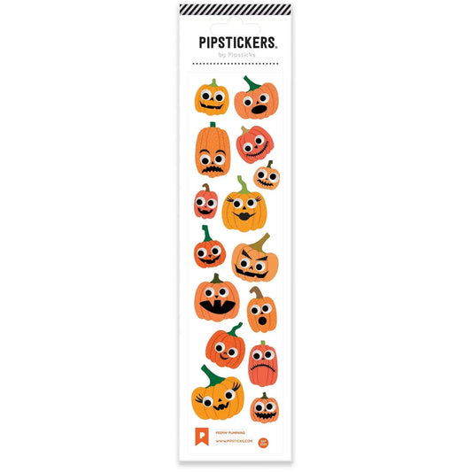 A vertical sheet of Halloween-themed pipetickers featuring cute cartoon jack-o'-lanterns in orange, yellow, and green on a white background.