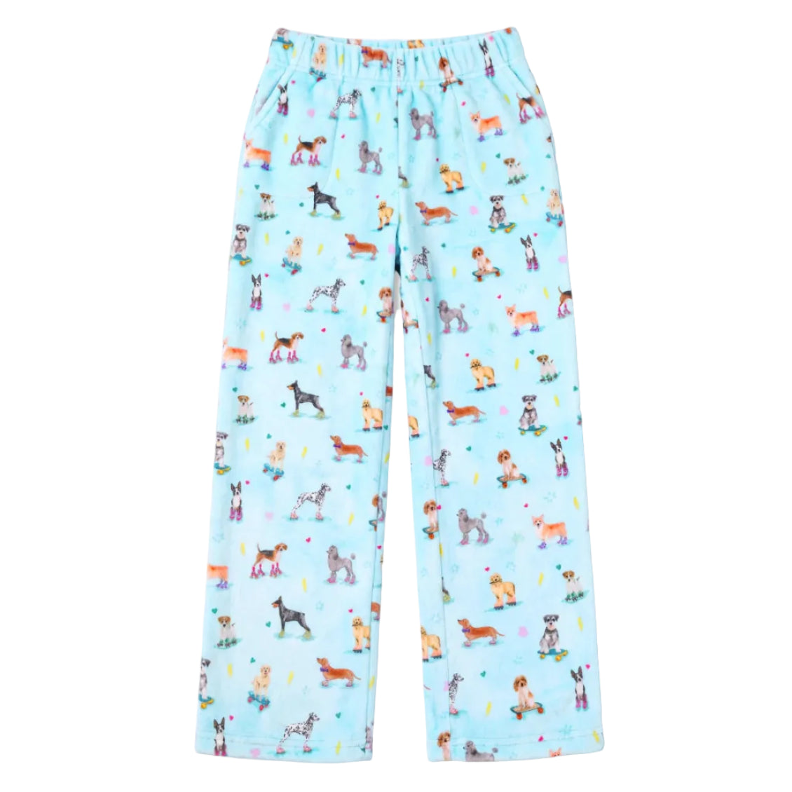 Light blue fleece pants with an all-over print of different dog breeds, shown flat against a white background.
