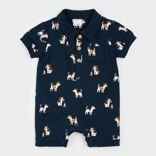 Navy blue collared short sleeve romper with dog pattern