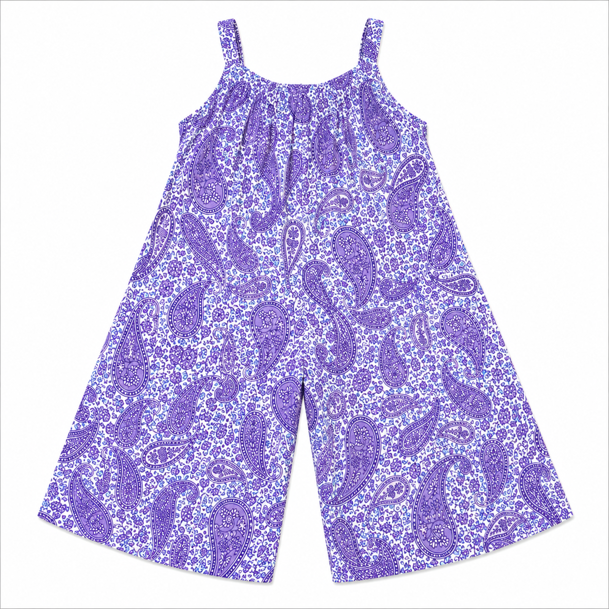 Purple paisley patterned romper on a white background