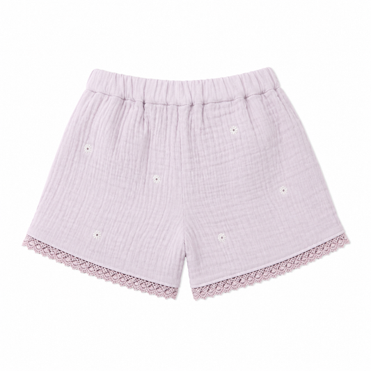 Light purple shorts with lace trim on a white background