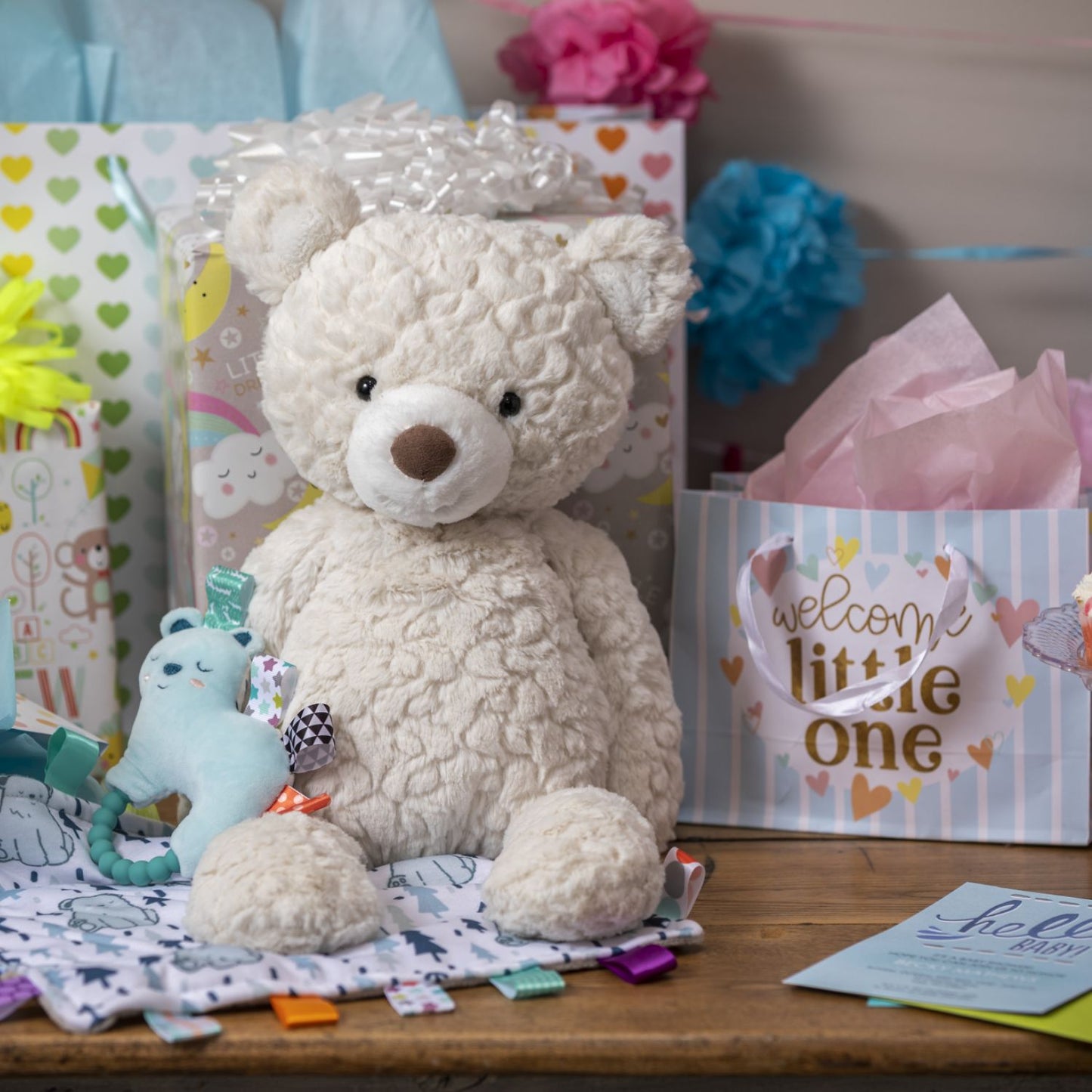 Ultra-soft textured plush toy with timeless neutral charm