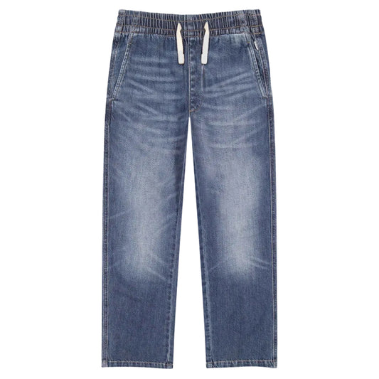 Blue jeans on a light gray background
