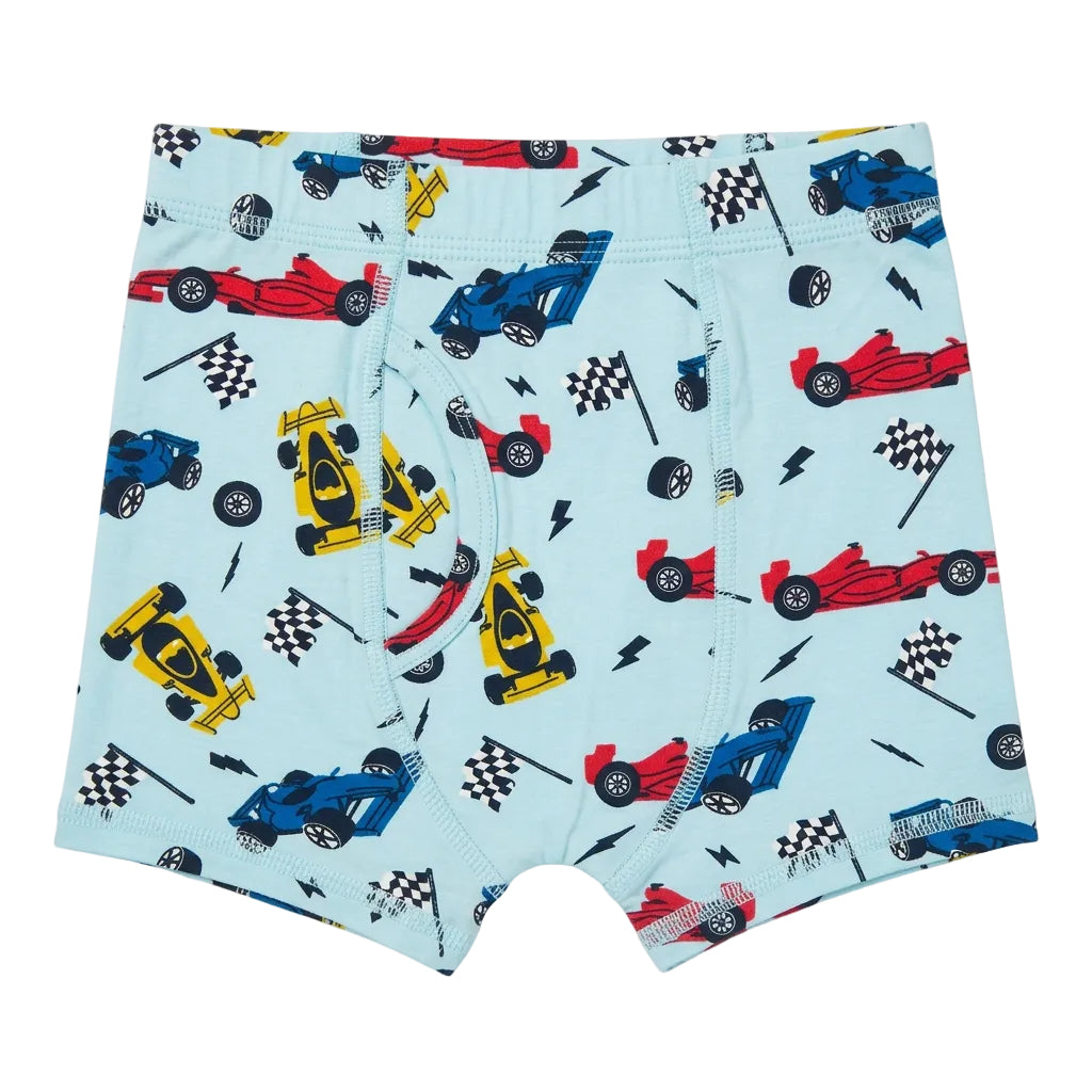 Light blue boys' boxer briefs with a colorful print of race cars, checkered flags, and tires.