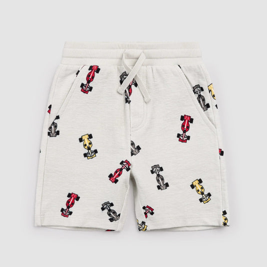 Light gray shorts with race car pattern