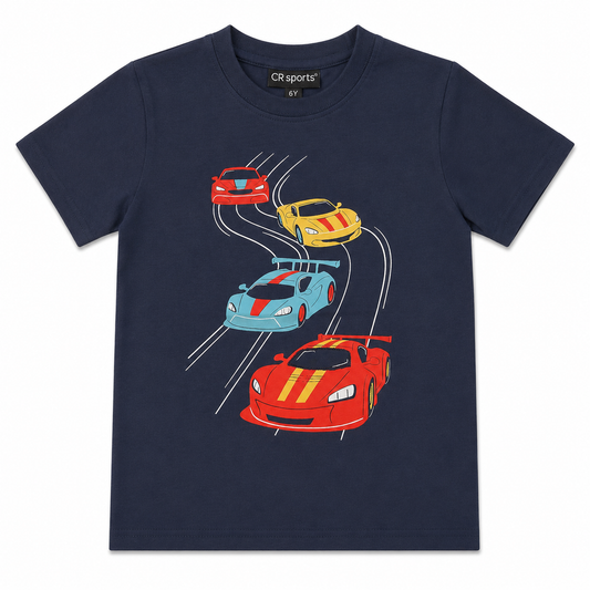 Navy blue t-shirt with colorful race car graphics