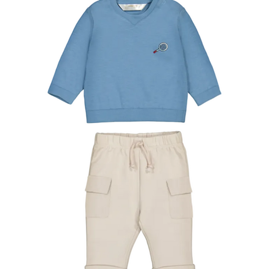Baby boy's outfit with blue sweatshirt and beige pants on a white background