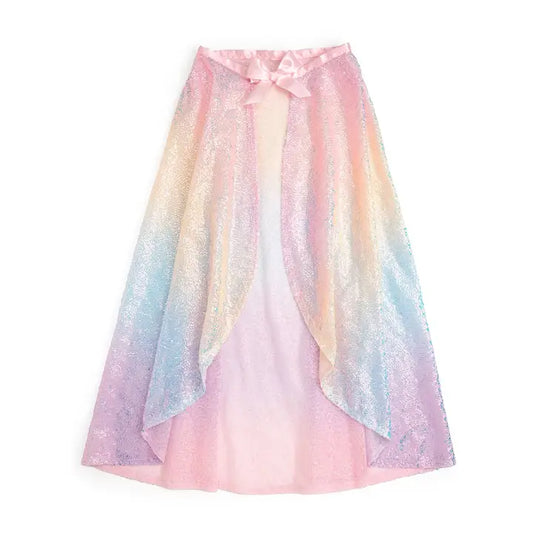 A pastel ombre costume cape with a matching bow at the neckline featuring a shimmering iridescent texture that transitions from pink to blue, yellow, and purple on a white background.