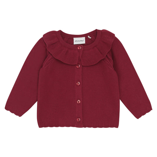 Red baby cardigan with a frilled collar on a white background