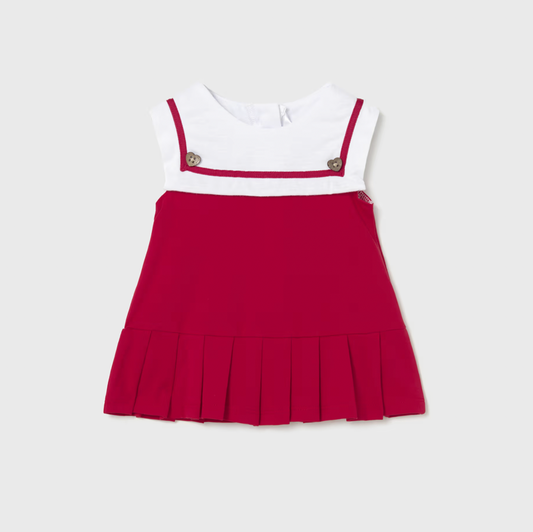 Red pleated dress with white top
