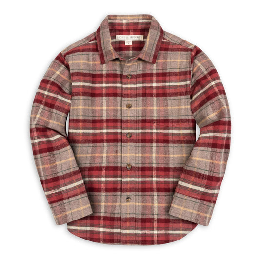 A long-sleeve button-up flannel shirt in a red, brown, and beige plaid pattern, laid flat against a white background.