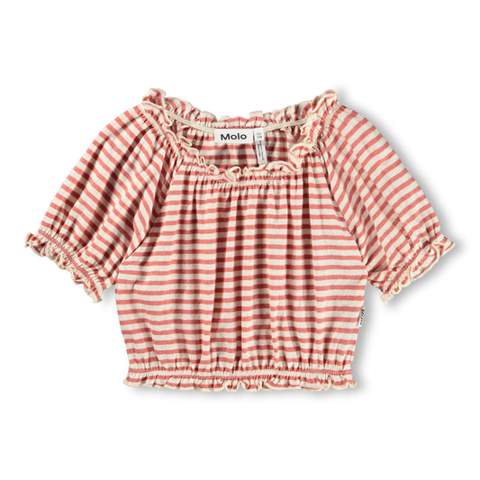 Pink and white stripe blouse with ruffle sleeves