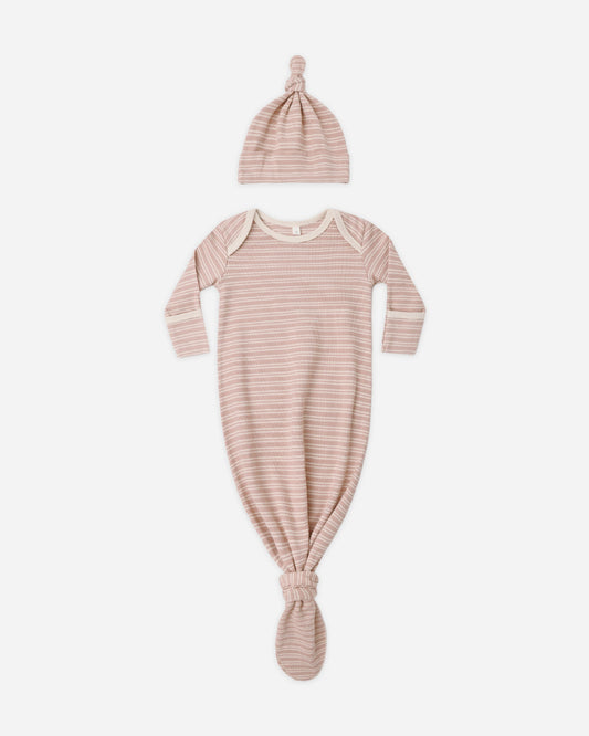 Rose Microstripe Gown + Hat flat lay - Quincy Mae organic cotton knotted baby gown and hat set