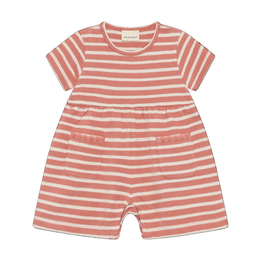 Pink and white striped baby romper on a white background
