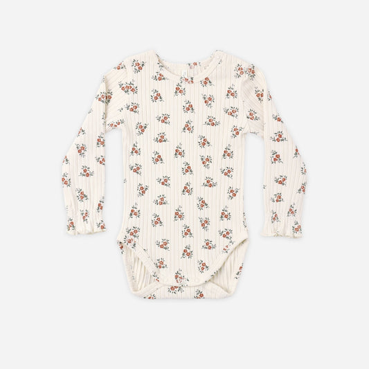 Rylee and Cru Ruby Bloom Smyth Onesie, a long sleeve baby bodysuit with a red floral print