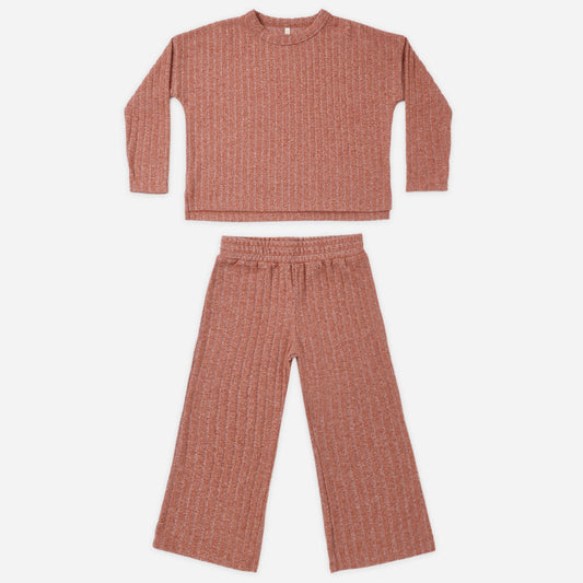 Rylee and Cru Ruby Cozy Rib Knit Set, a red tee and wide leg pant set for girls