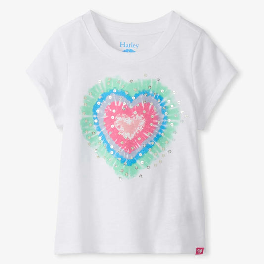 White t-shirt with a colorful heart design on a white background