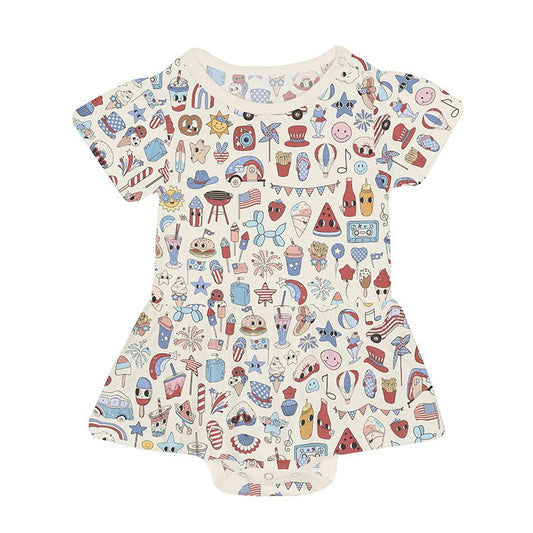 Children's romper with colorful Americana Flag and American theme pattern on a white background