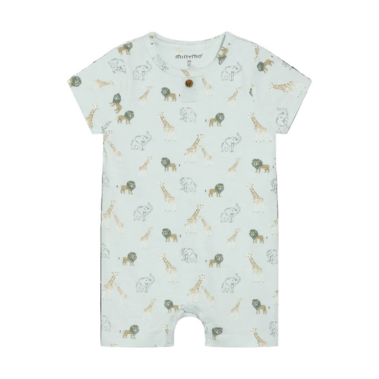 Baby romper with animal safari pattern on a light green background