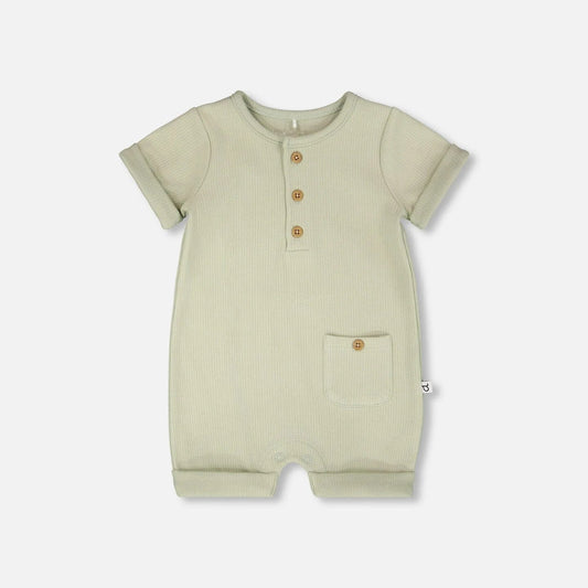 Sage ribbed romper with three natural colored buttons, and a cute pocket