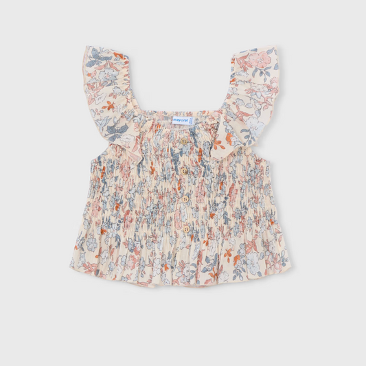 Floral patterned tank top with smocking