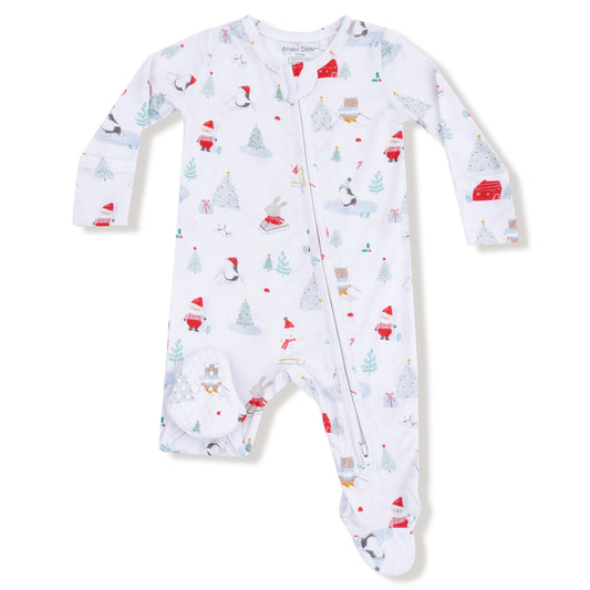 White footie pajama with santa and winter sports theme