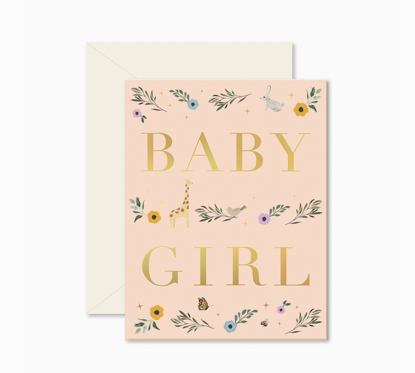 A folded greeting card with 'BABY GIRL' written in gold foil on a pink background, surrounded by floral and animal illustrations, with a beige envelope behind it.
