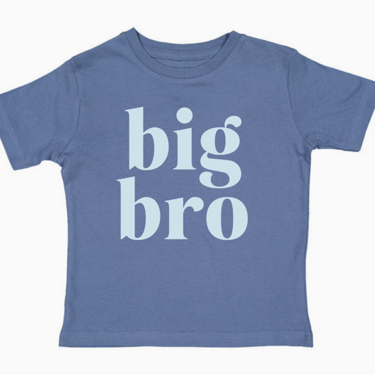 A blue short-sleeved toddler t-shirt with 'big bro' text in light blue placed centrally on the chest area.