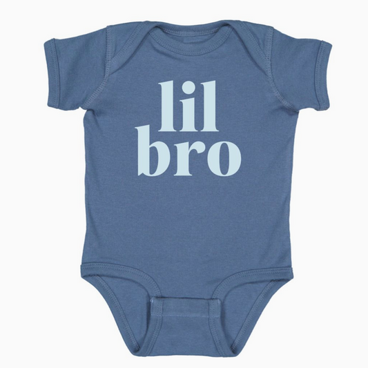 A short-sleeved blue bodysuit with the text 'Lil Bro' printed in light blue.