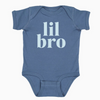A short-sleeved blue bodysuit with the text 'Lil Bro' printed in light blue.