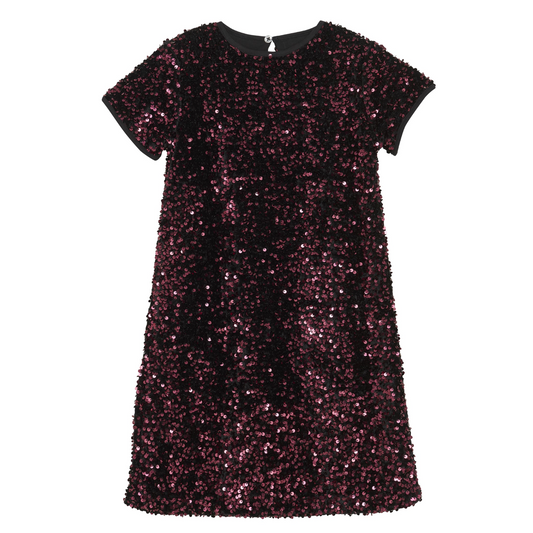 A knee-length sleeveless dress with a sequin embellishment in a wine color, displayed against a plain background.
