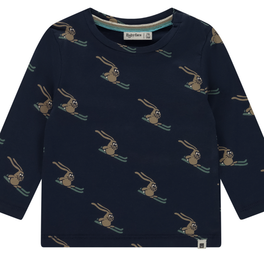 Navy long-sleeved top with a pattern of freestyle ski bunnies for baby boys.