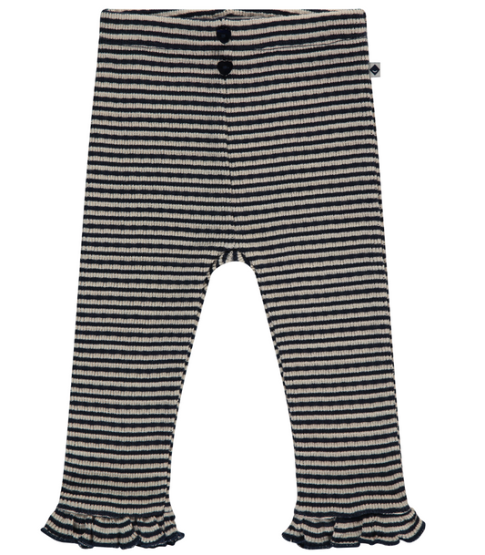 Indigo stripe ribbed leggings with ruffle edge for baby girls.