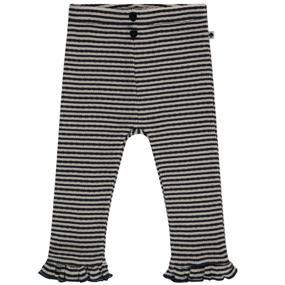 Indigo stripe ribbed leggings with ruffle edge for baby girls.