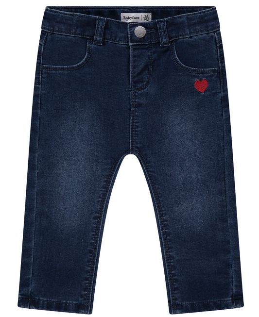 Mid blue denim jeans with an embroidered red heart on the left leg