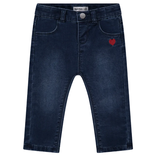 Mid blue denim jeans with an embroidered red heart on the left leg
