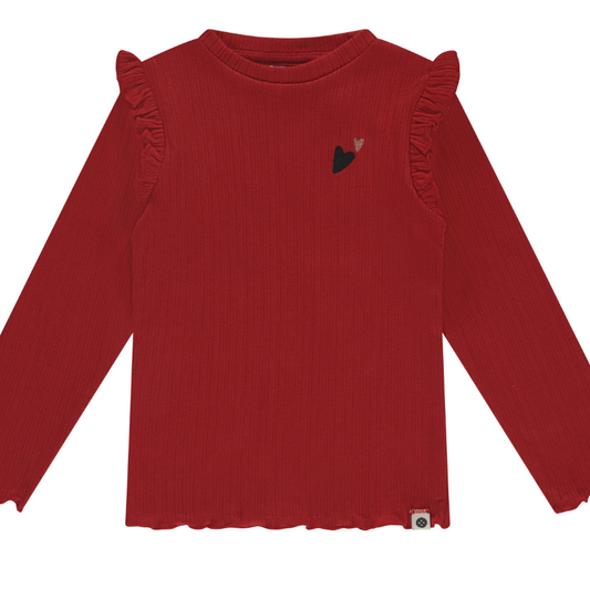 A red long-sleeved knit top for girls with ruffle detailing on the shoulders and a small embroidered design on the chest.