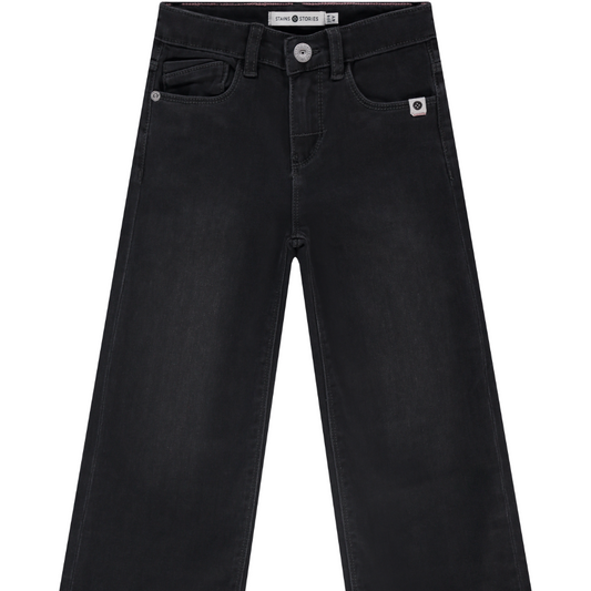 A pair of dark grey wide leg denim jeans for girls.