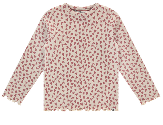 Long-sleeved dusty pink top with an all-over heart pattern and ruffle detailing at the sleeves and bottom.