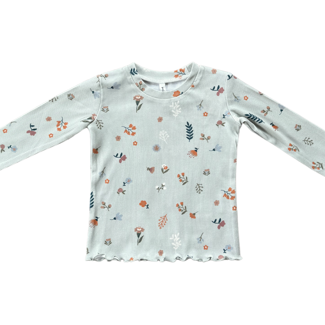 White long-sleeve shirt with floral pattern on a white background