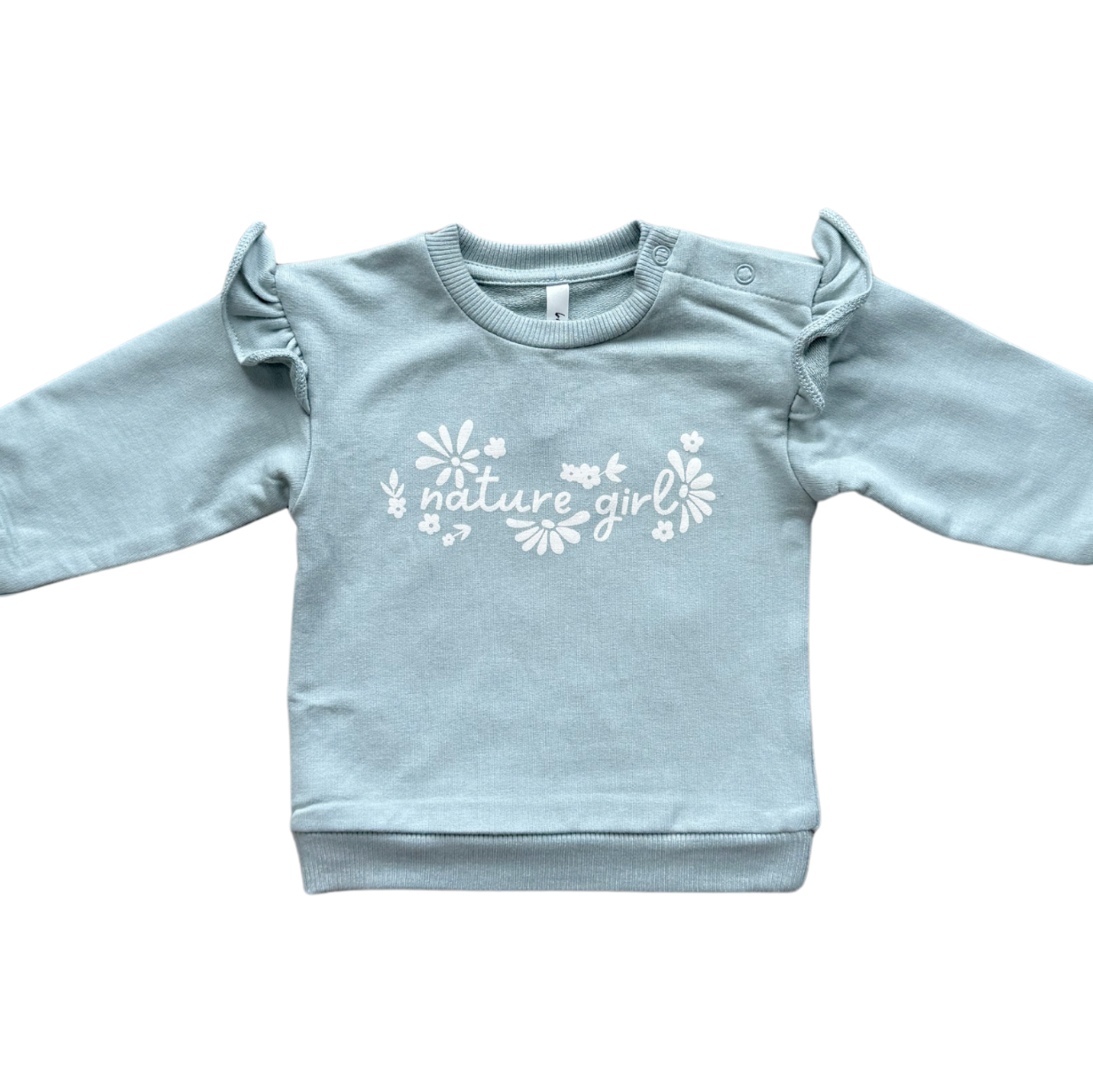 Light blue sweatshirt with 'nature girl' text on a white background