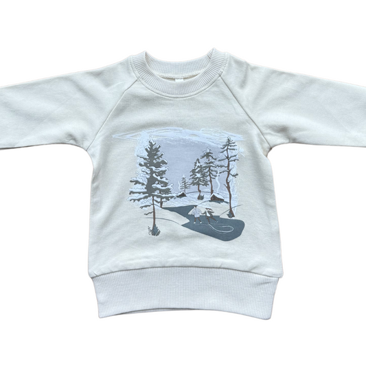 White sweatshirt with a graphic of trees and a snowboarder on a white background