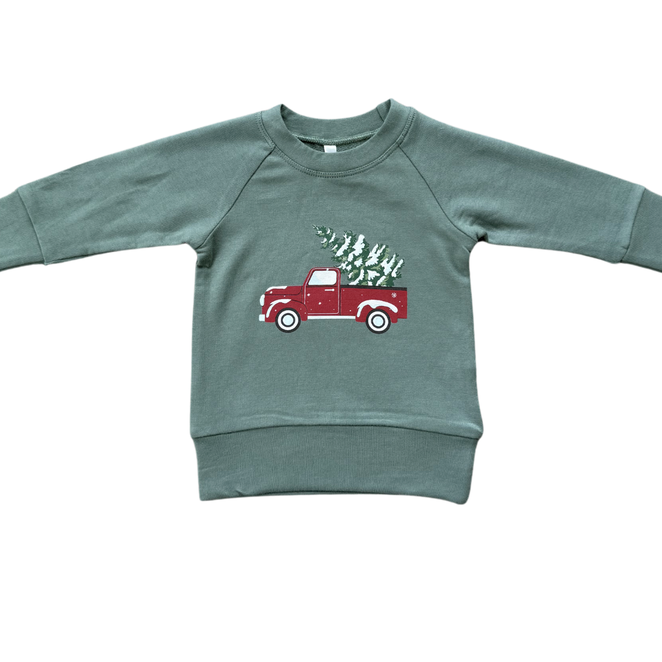 Green sweatshirt with a red truck graphic on a white background