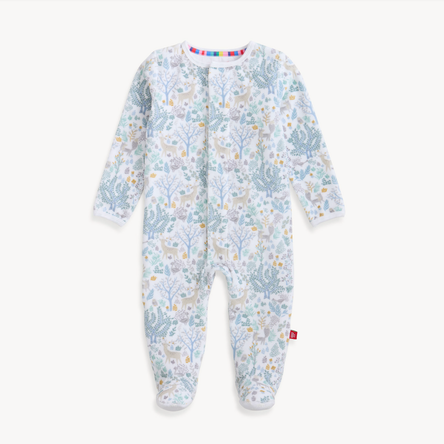 Woodland patterned baby footie with magnetic closures.