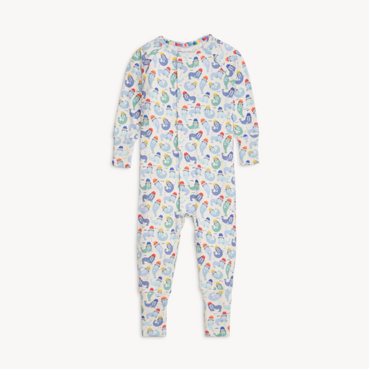 Baby onesie with colorful caterpillar pattern on a white background
