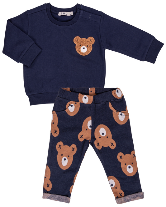 Navy blue children's outfit with teddy bear pattern on a white background